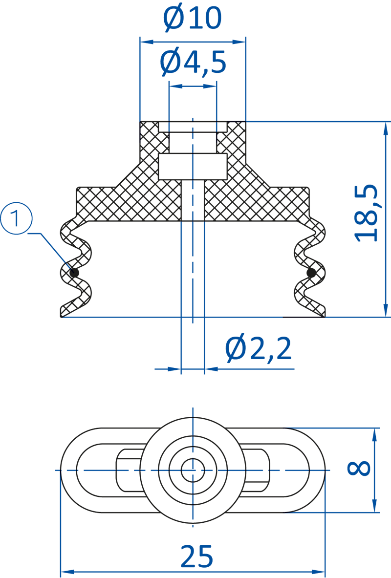 Размеры овальной вакуумной присоски FIPA серии SO-BU 138.25x8.002
